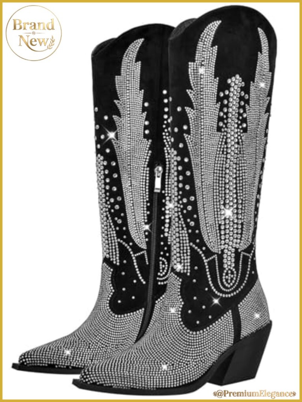 Knee High Cowboy Boots for Women Western Rhinestone Chunky Heel Side Zipper